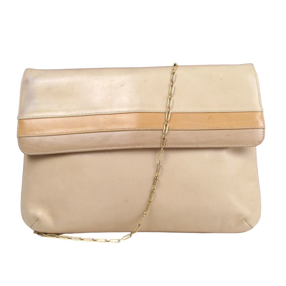 VINTAGE I SANTI MADE IN ITALY CREAM BEIGE LEATHER FLAP CLUTCH SHOULDER BAG PURSE